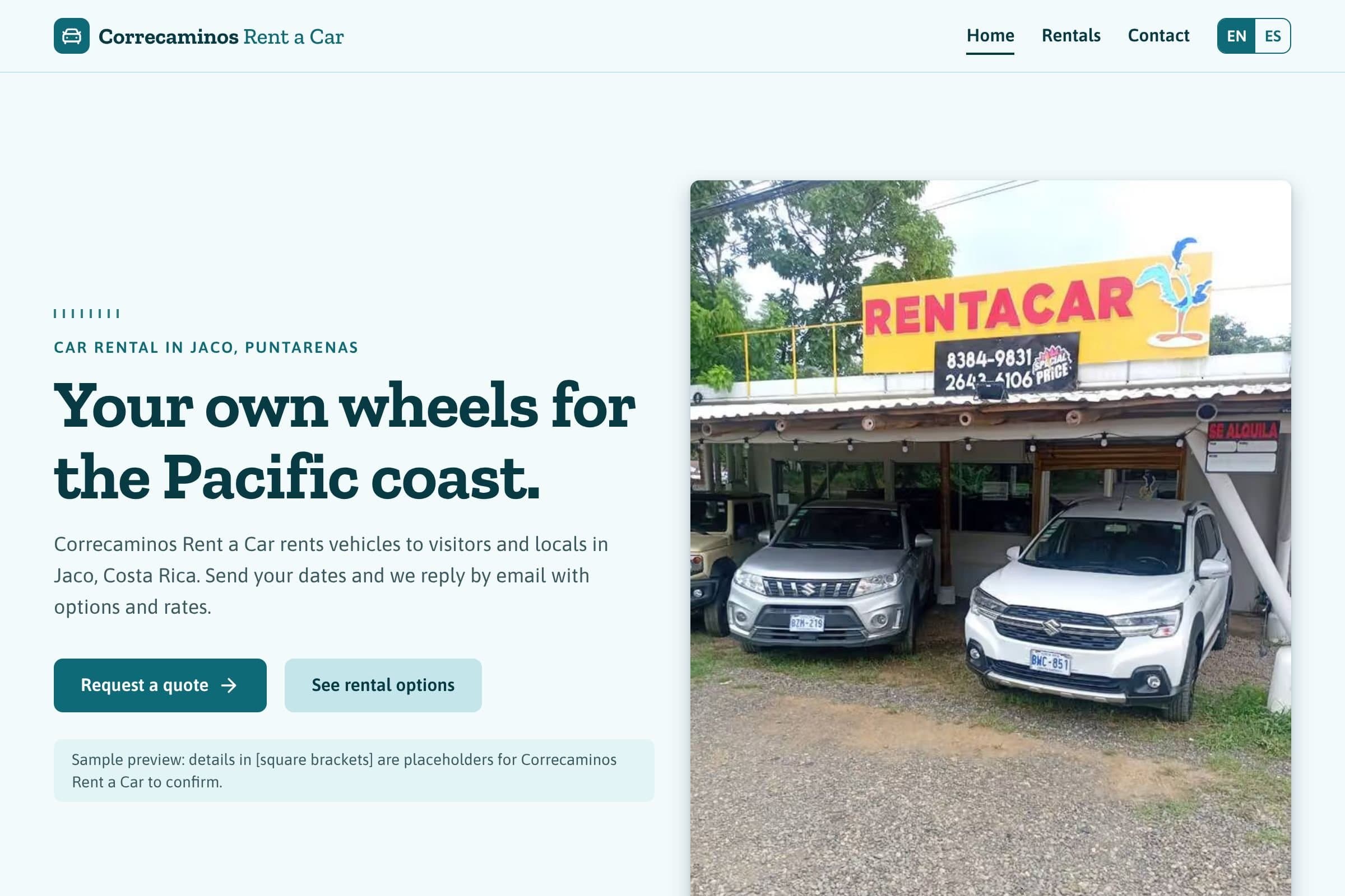 Correcaminos Rent a Car website